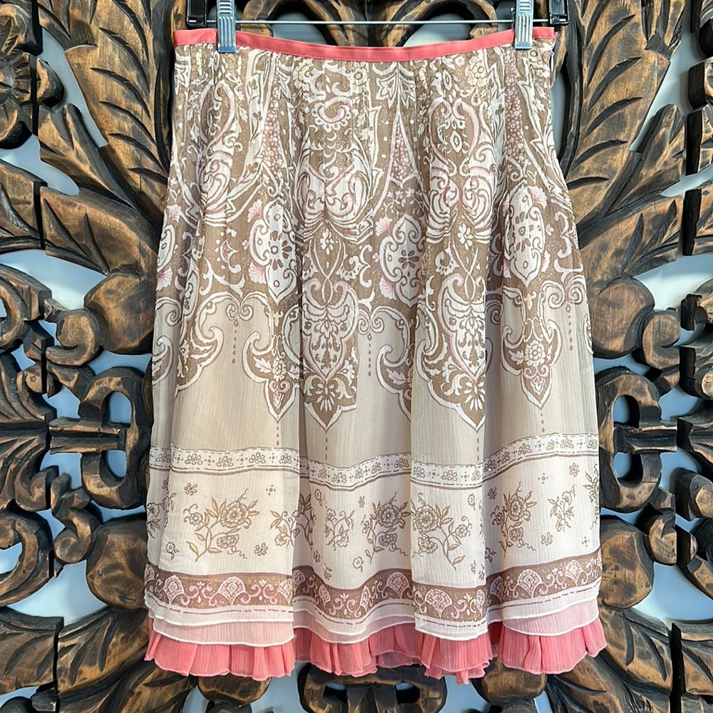 SILK Skirt - Batik Boho Print - Embellished Cream Skirt - Patterned Skirt Size 0